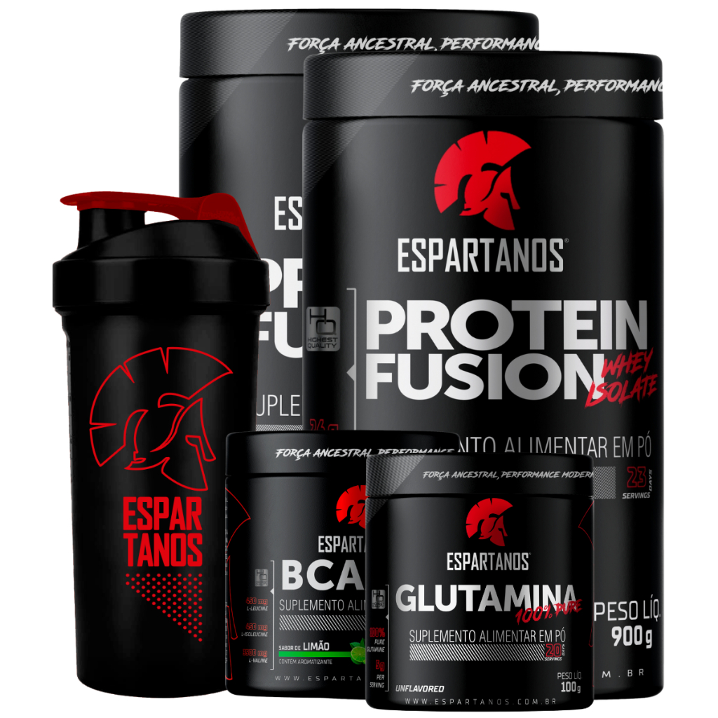 Kit 2x Whey Protein Fusion Isolado + Bcaa + Glutamina + Coqueteleira - Espartanos