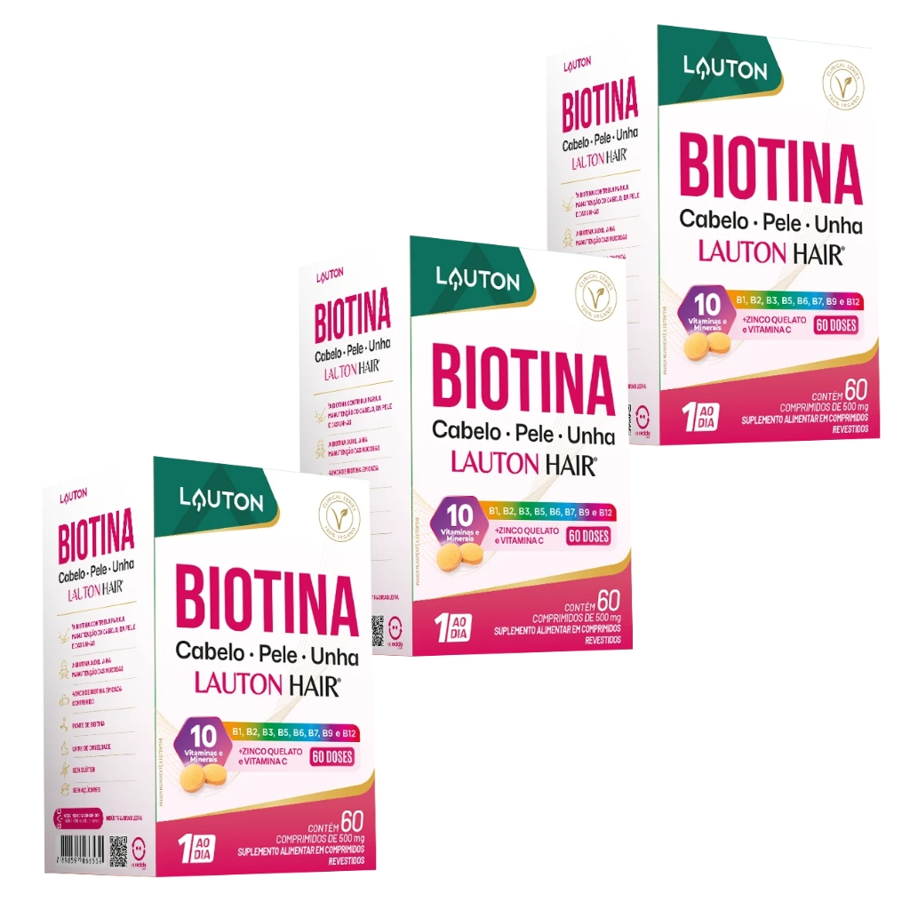 Biotina Lauton Hair Cabelo Pele Unha 40mcg — Kit 3 Potes 60 Comprimidos — Lauton Nutrition