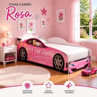 Cama Carro Infantil Juvenil Rosa com Laterais de Segurança em MDF