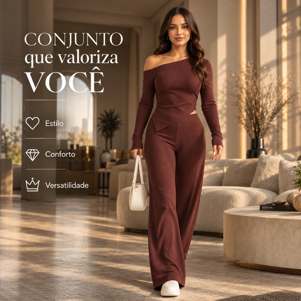 Conjunto Feminino Elegante Canelado Calça Pantalona Manga Longa Ribana P ao GG