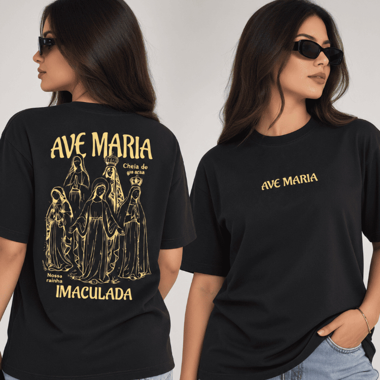 Camiseta Masculina Ave Maria Imaculada Religiosa Católica Fé Cristã Estampada Confortável Premium