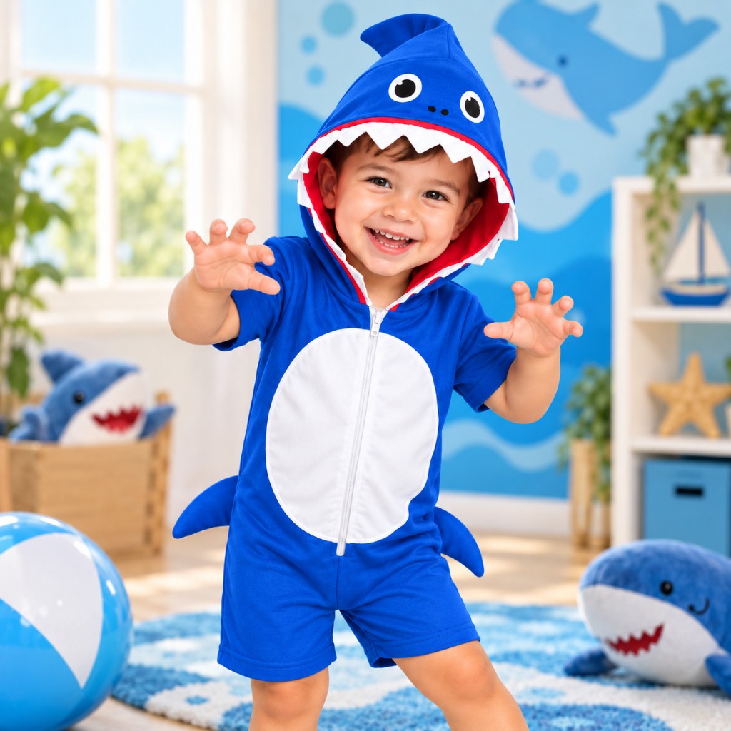 Fantasia Menino Tubarão Kigurumi Shark Azul Macacão Infantil Pijama Menina Carnaval Aniversário