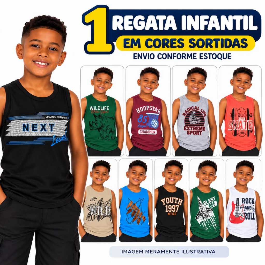 2 Regatas ou Unidade Infantil Menino 100% Algodão Estampas Sortidas Tamanhos 10  16 Envio em Cores Variadas e Estampas