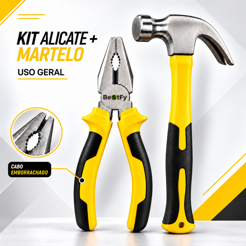 Kit Alicate Profissional 7" Resistente Cabo Emborrachado + Martelo Grande 25mm Ferramenta Uso Geral