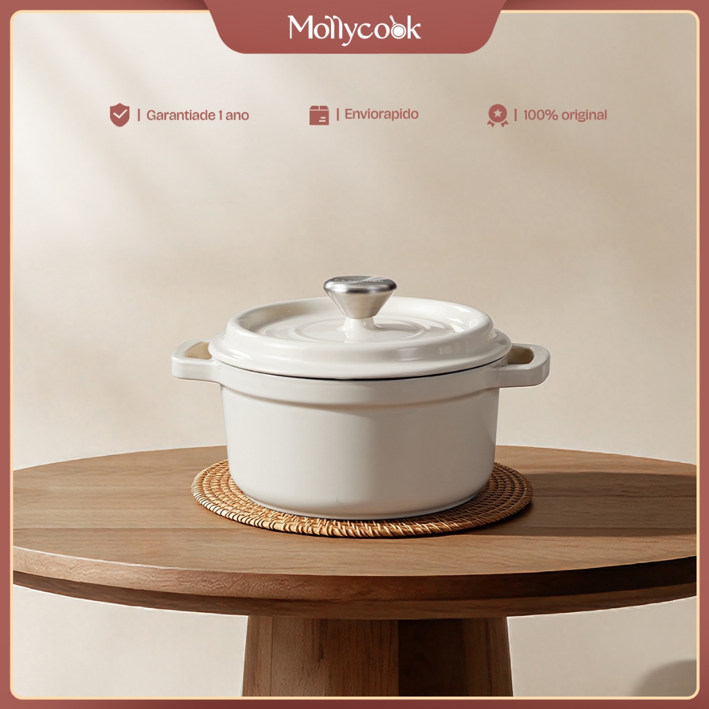 Mollycook Panela Caçarola de Ferro Fundido Esmaltado Com Tampa 22cm/24cm Branco