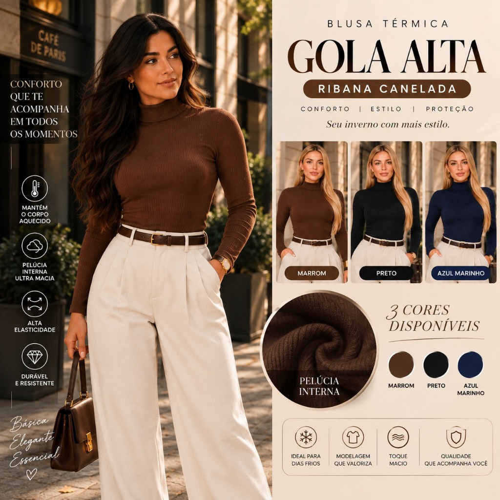 Blusa Térmica Feminina Peluciada Gola Alta Cacharrel Segunda Pele Manga Longa Inverno Quentinha Canelada Feminina