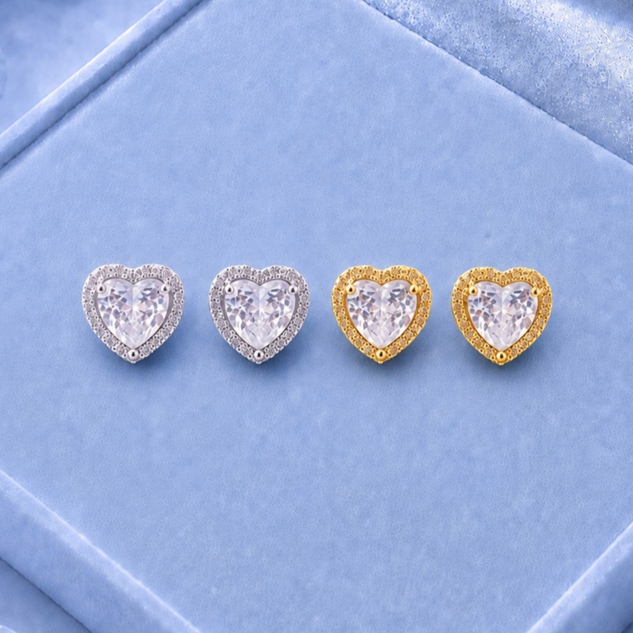 BRINCOS MINI INSPIRAÇÃO CORAÇÃO FOFO CRAVEJADO ZIRCÔNIA FOLHEADO A RÓDIO OURO BRANCO E DOURADO 18k