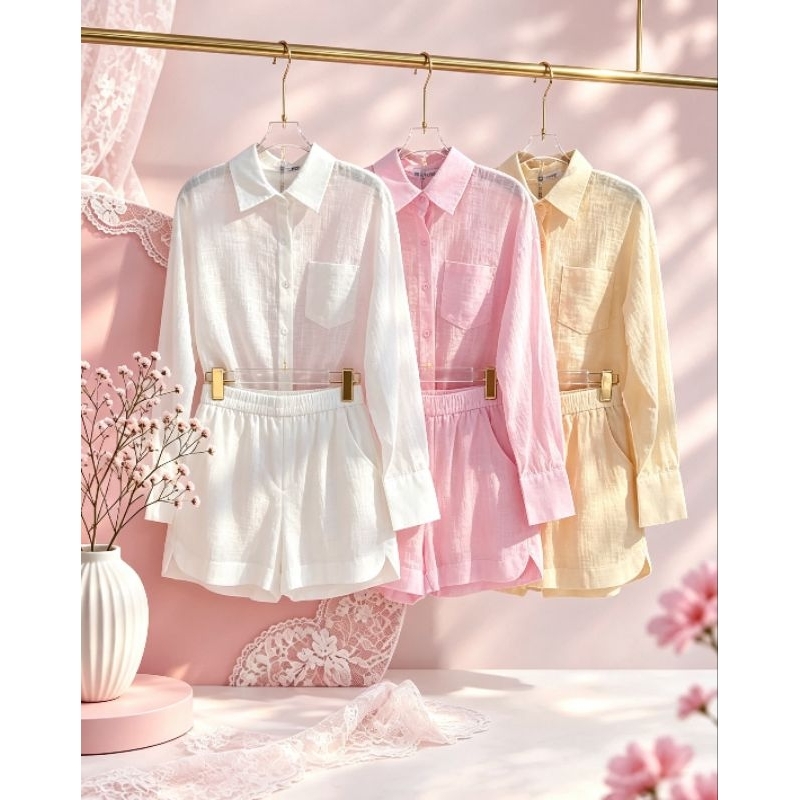 Conjunto em linho importado camisa e short com forrado casaul elegante para seu looks coreção novo em verão