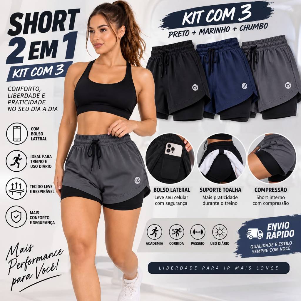 Kit 3 Short Fitness Duplo Feminino Dry Fit com Bolso Para Celular Caminhada Academia Corrida