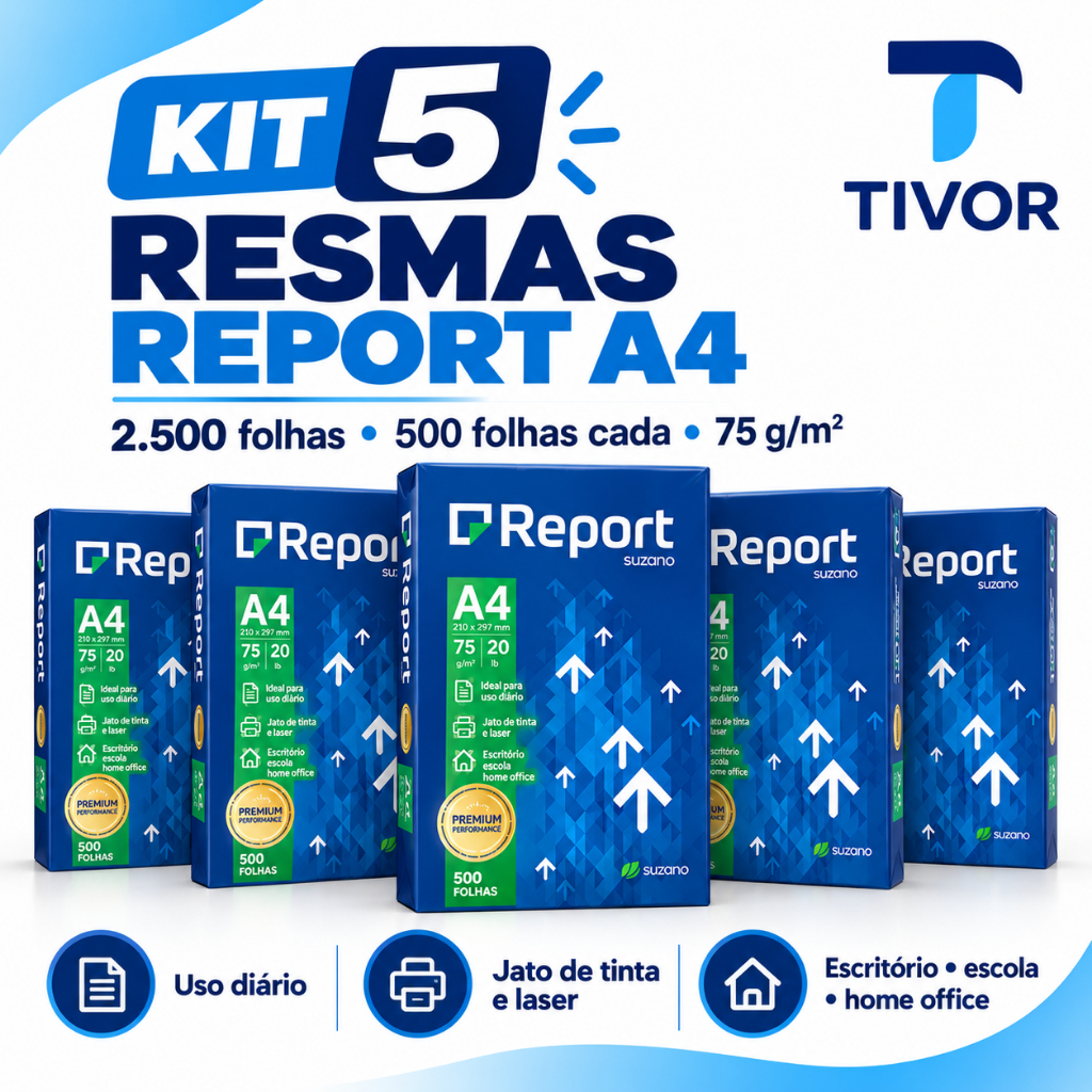 Kit 2500 Folhas Papel Sulfite A4 Report para Impressora Branco 75g 5 Resmas