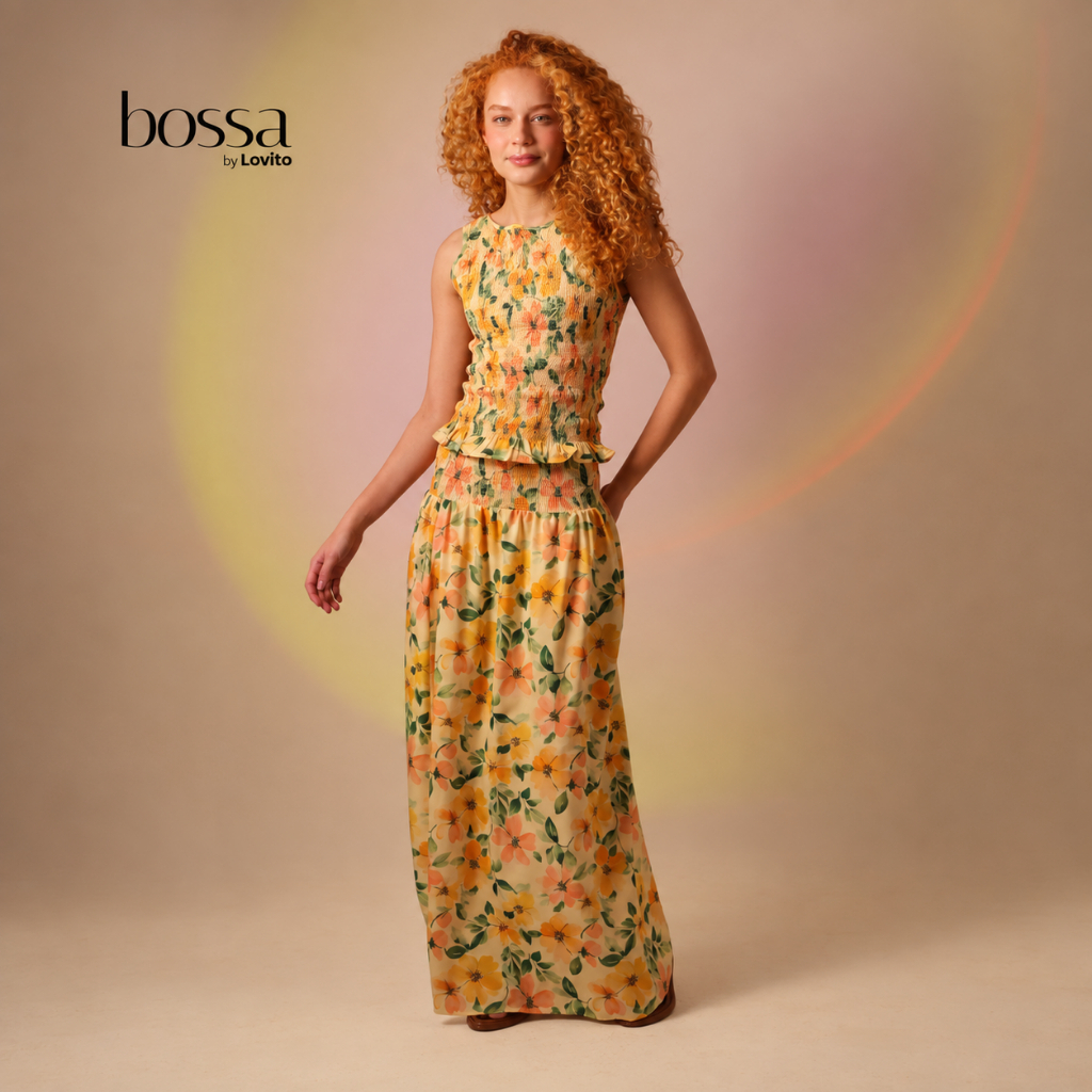 Lovito Bossa Saia Longa Feminina Estampada Floral Delicada Amarela Com Pala de Lastex SKB15801610