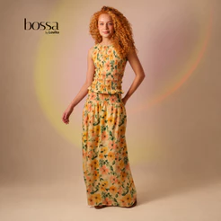 Lovito Bossa Saia Longa Feminina Estampada Floral Delicada Amarela Com Pala de Lastex SKB15801610