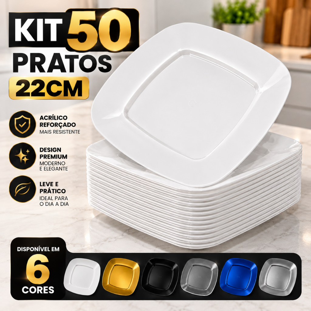 50 Pratos Acrílico Quadrado Refeição Resistente 22cm Premium