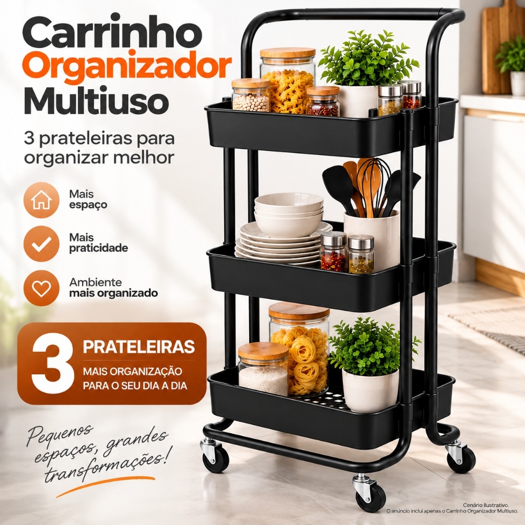 Carrinho Organizador Multiuso 3 Prateleiras com Rodinhas e Trava Preto para Cozinha Banheiro Lavanderia