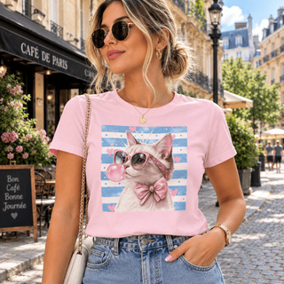 Camiseta Feminina Estampada Gatinho Fashion Tshirt 100% Algodão Manga Curta Gola Redonda Blusa Casual Gato Listra