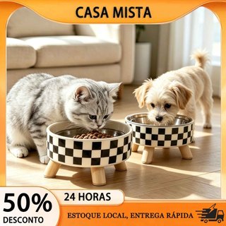 Comedouro Alto Cerâmico para Pet Estampa Poá Xadrez, Tigela Elevada Ergonômica Gato Cachorro
