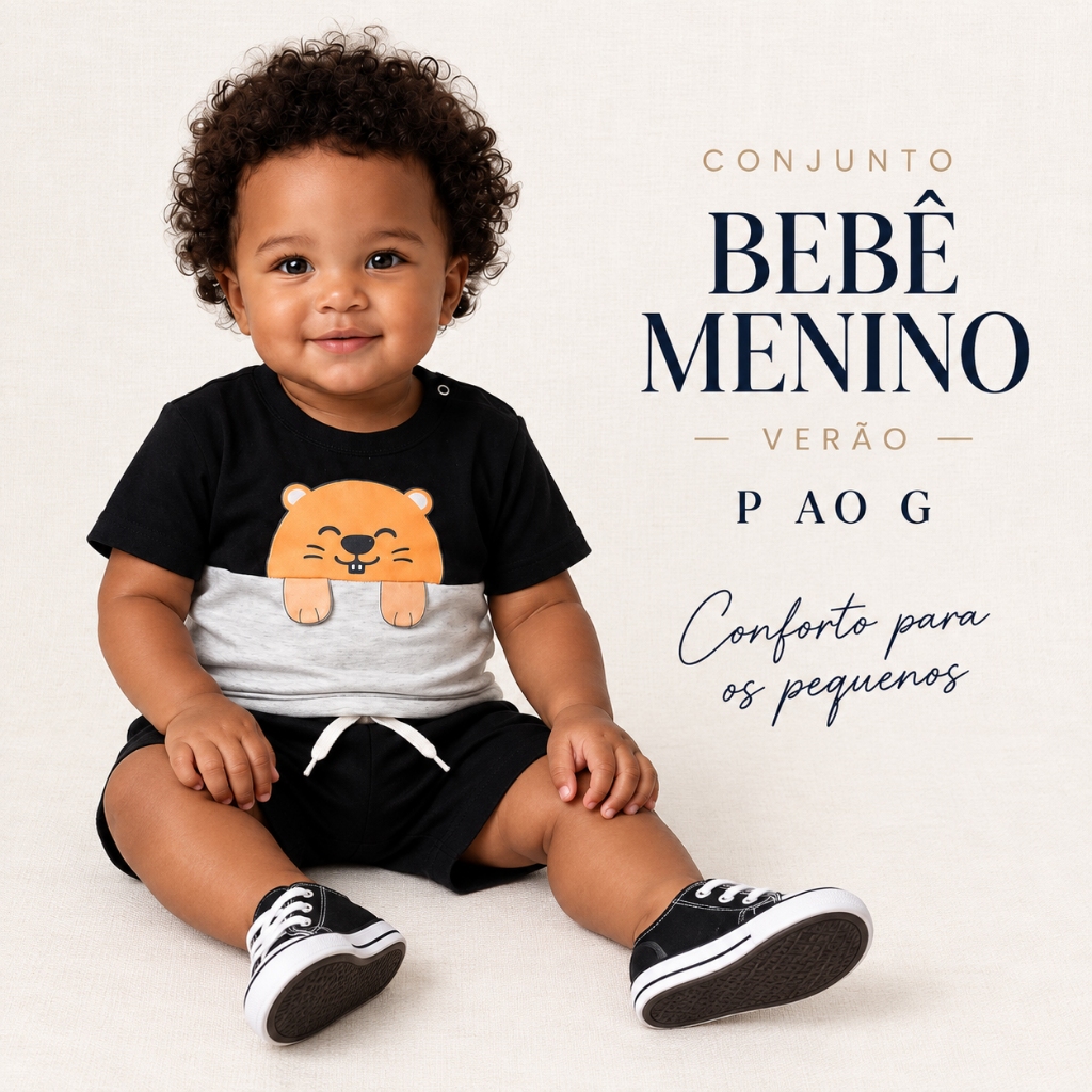 Conjunto Bebê Menino Verão Camiseta 100% Algodão + Bermuda Moletinho Estampa Interativa P ao G