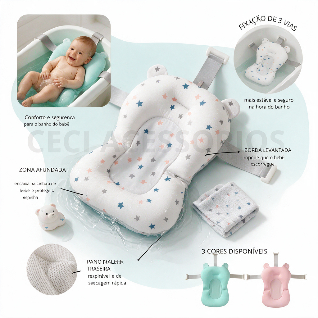 almofada de banho para bebe com trava para banheira flutuante regulável segura fácil secagem