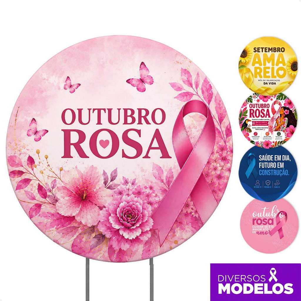 Painel Redondo Outubro Rosa Decoração Campanha Conscientização Sublimado Em Tecido C/Elástico