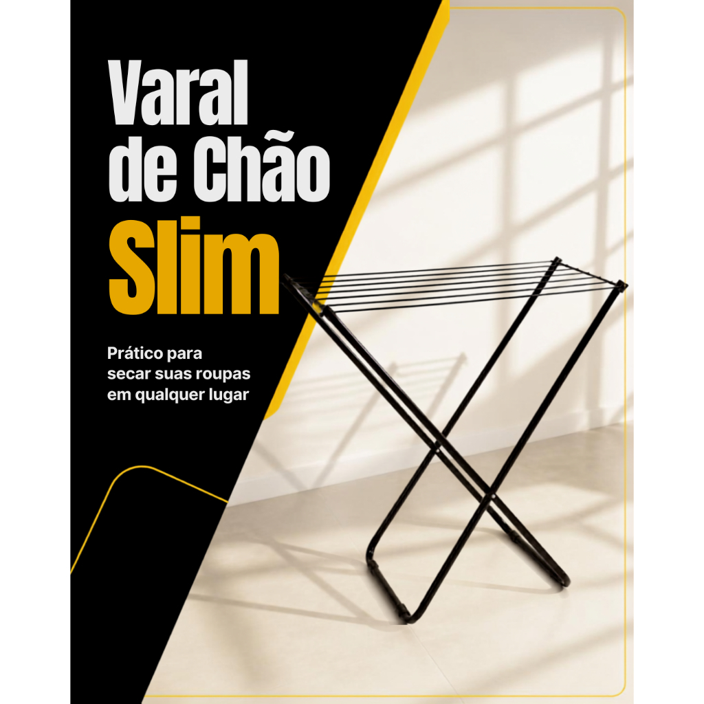 Varal Mor de Chão Reforçado Compacto Retrátil Dobrável Slim Cor Preta
