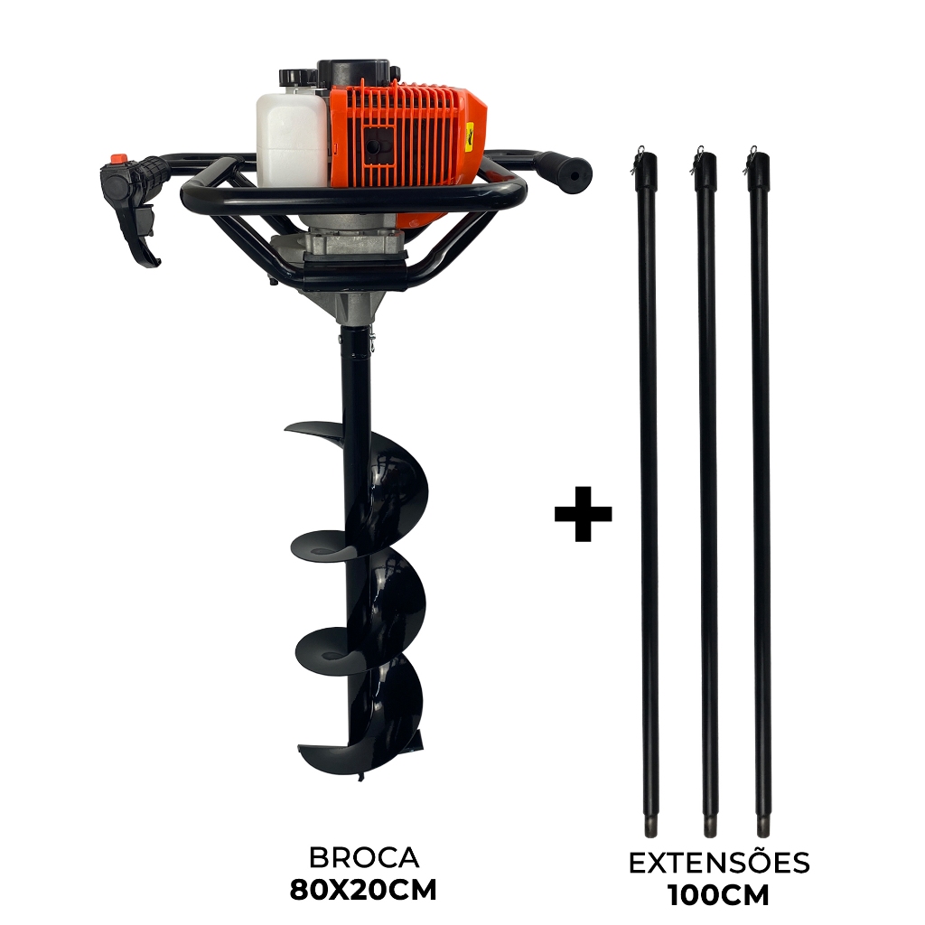 Perfurador de Solo a Gasolina 52cc 2,5HP com Broca 80x20cm + 3 Extensores 1m Carbon Fak