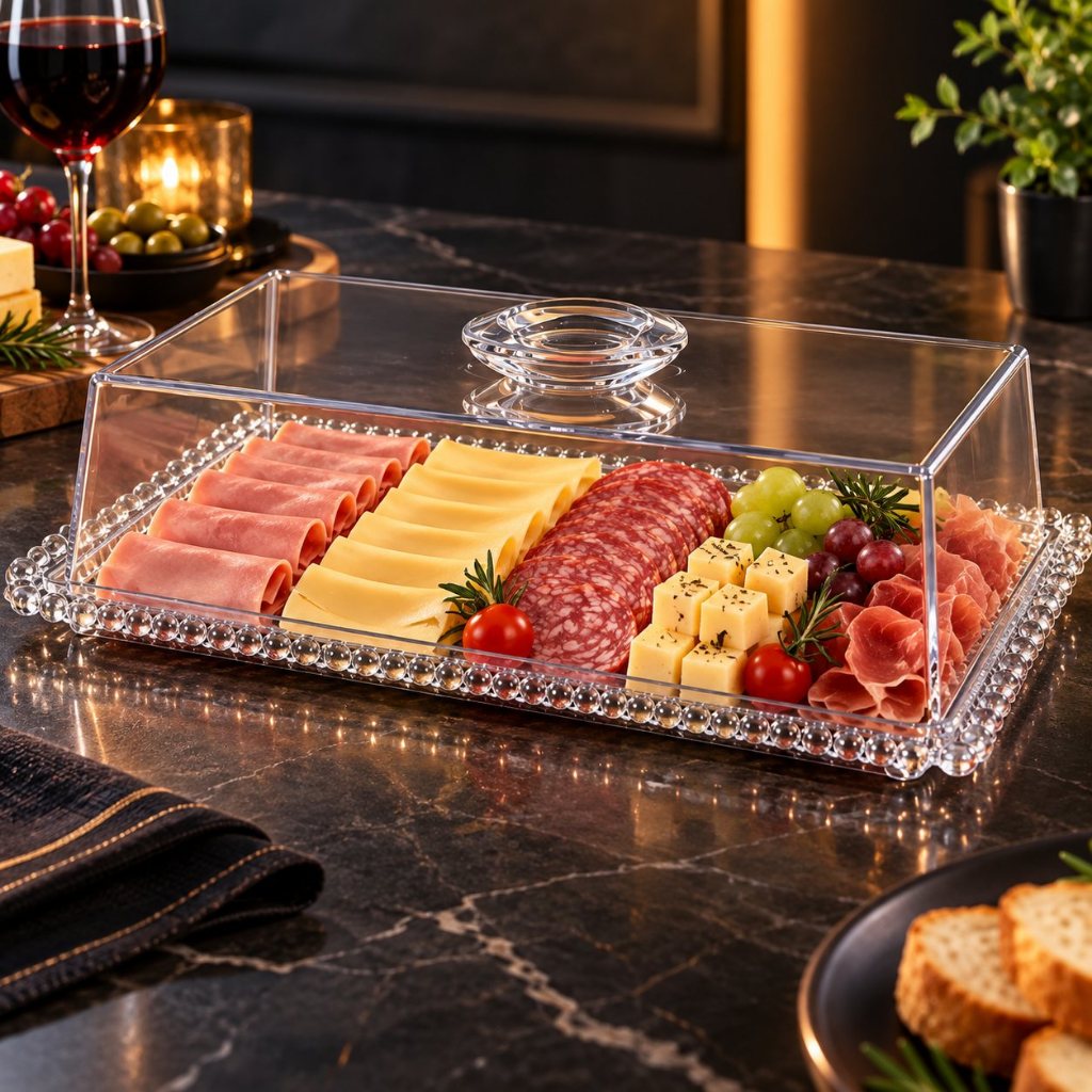 Porta Frios Queijo Presunto Frutas Acrílico Organizador De Geladeira Tábua De Frios Com Tampa Premium Pérolas Resistente