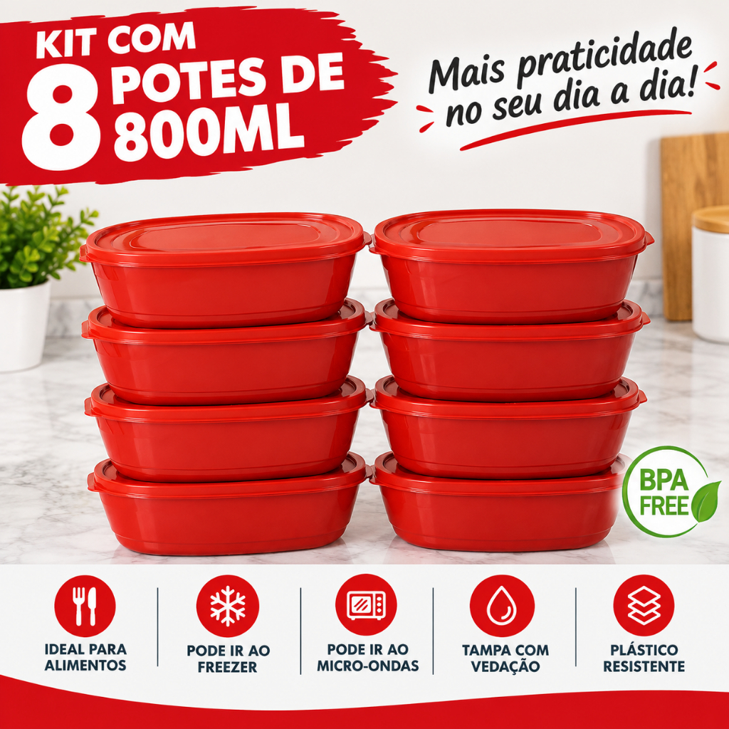 Kit 8 Potes 800 ML Frezeer e Micro-Ondas Pague 4 Leve 8
