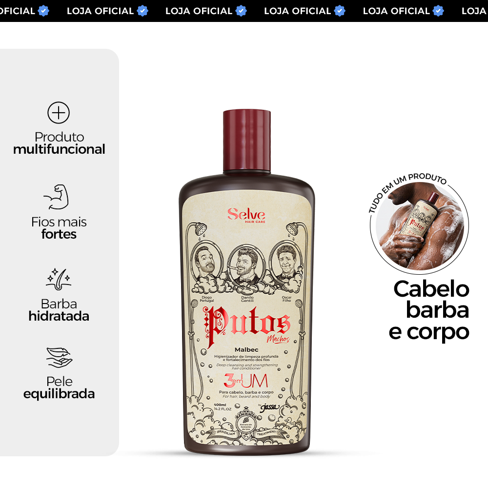 Shampoo Masculino 3 em 1: Limpa e Fortalece | Putos Machos