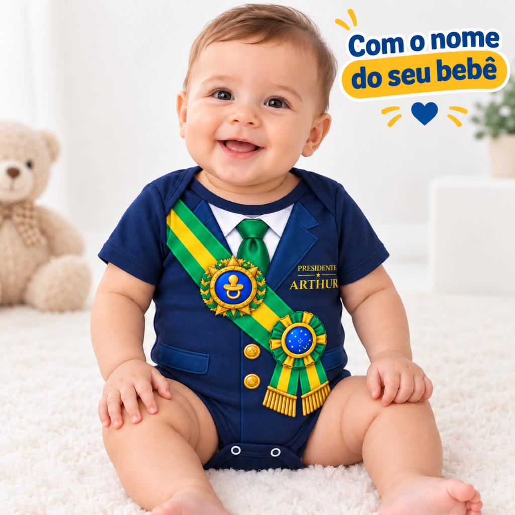 Body Bebê Presidente do Brasil Personalizado com Nome mesversário temático