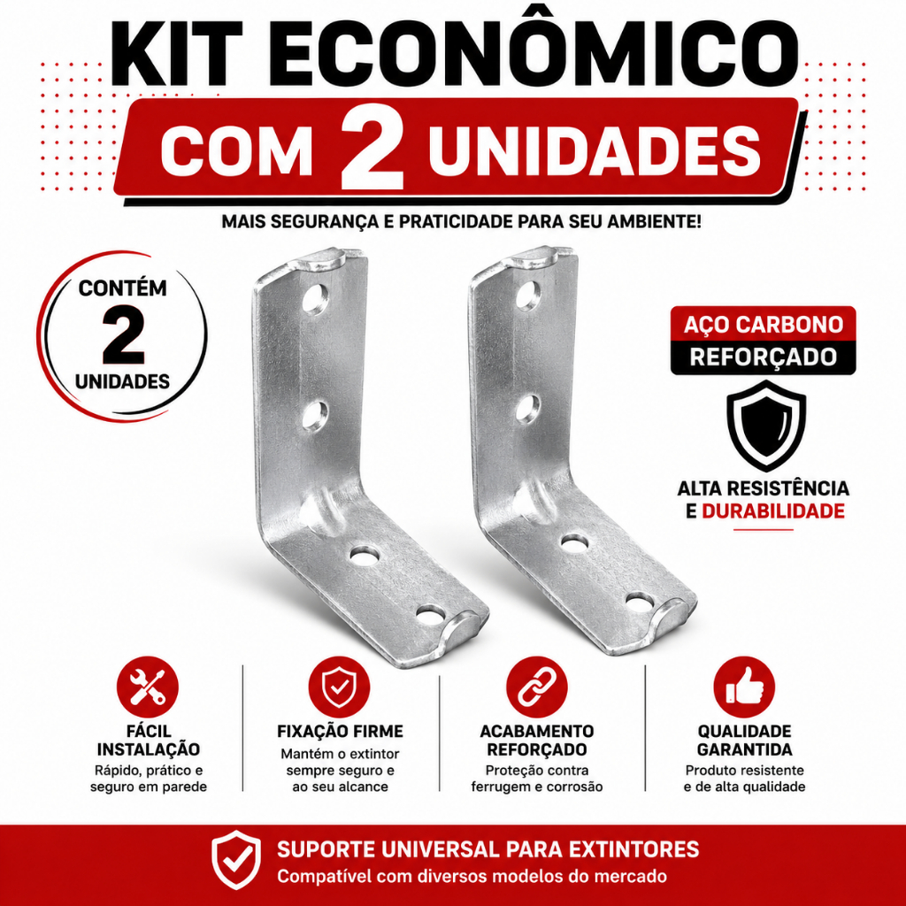 Suporte de Parede Para Extintor de Incêndio Universal KIT com 2 Gancho Metálico Reforçado