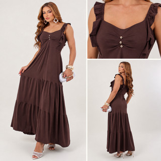 Vestido Longo 3 Marias Soltinho Elegante Detalhes em Botão no Busto Tecido Macio e Confortável