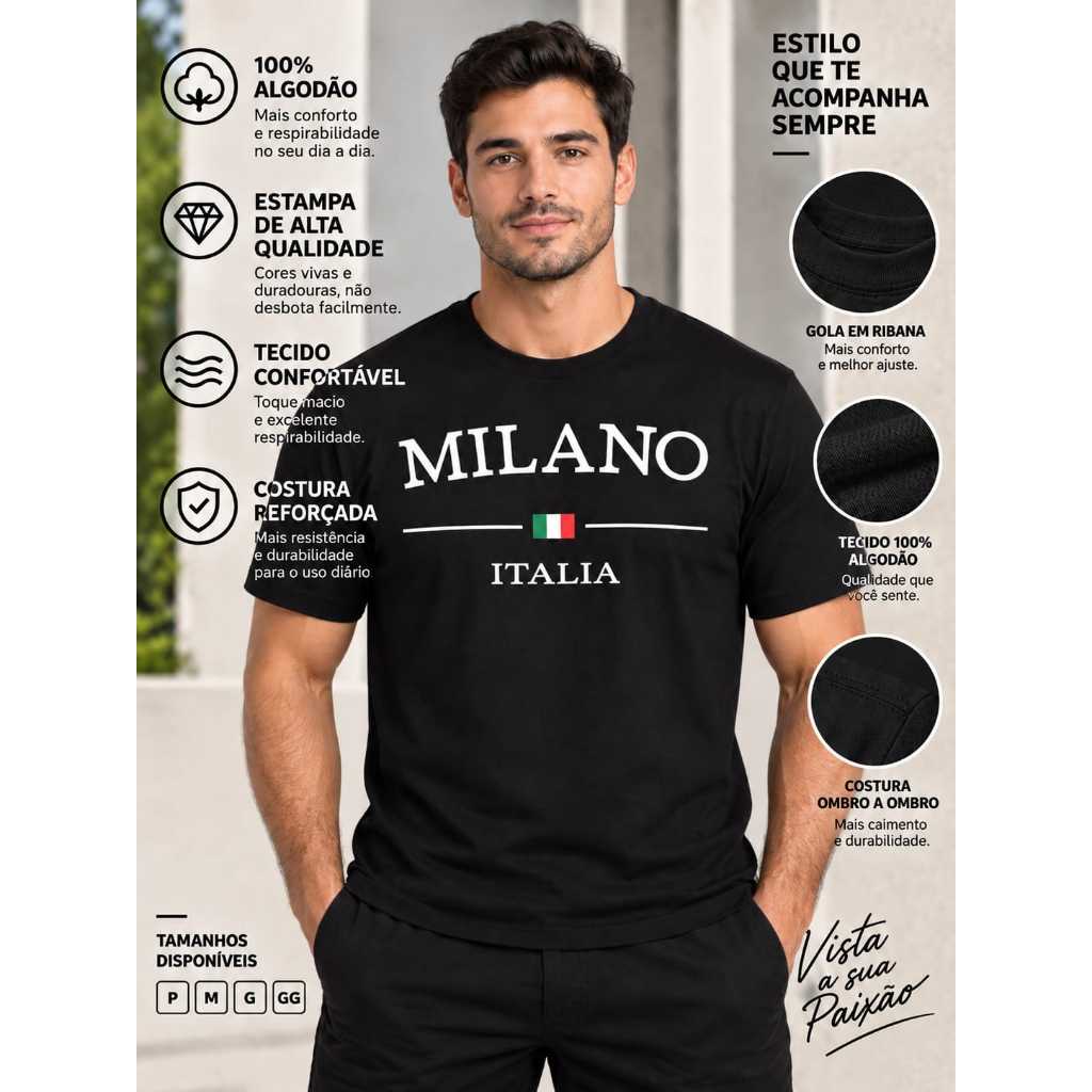 Camiseta Masculina Milano Itália Estampada Algodão Casual Várias Cores