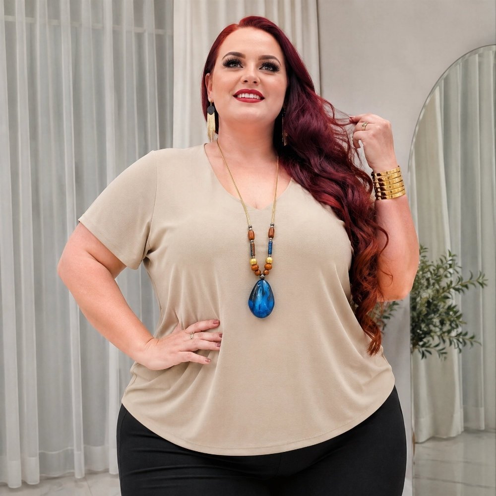 Plus Size Soltinha Gola V Feminina Duna Novidade Verão