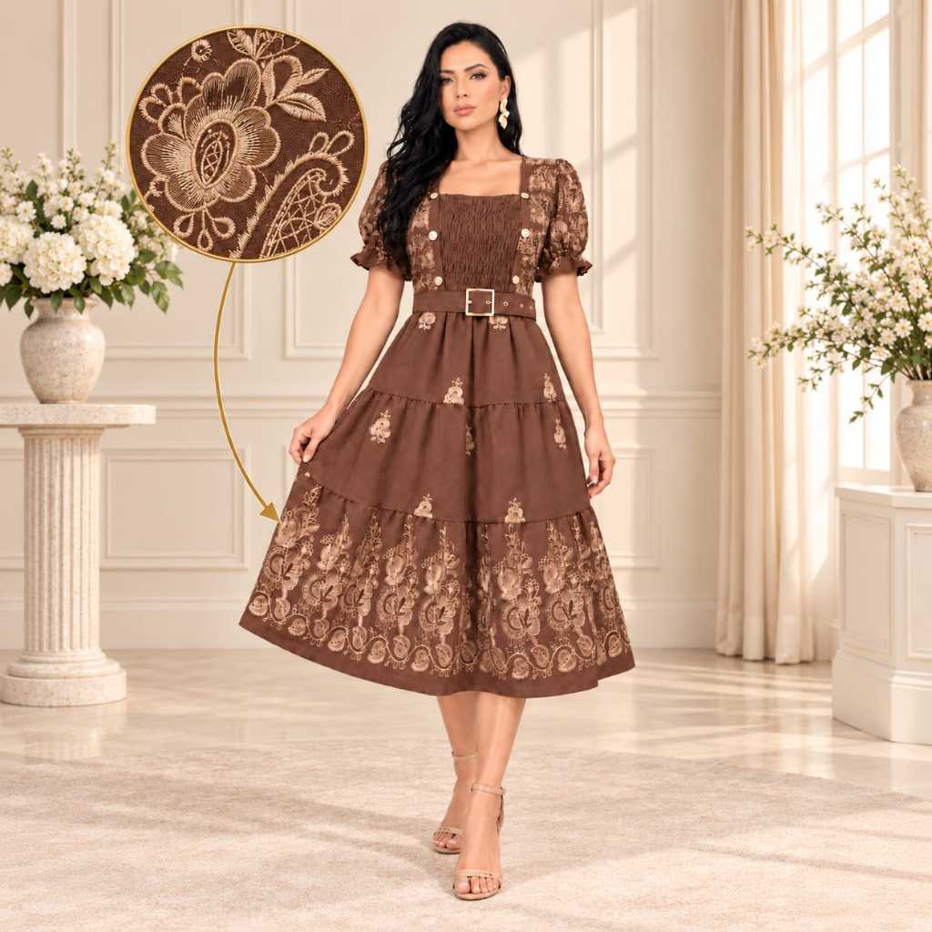 Vestido Evangélico camponesa bordado dorado Midi com botões decorativos, e acompanha cinto para melhor ajuste