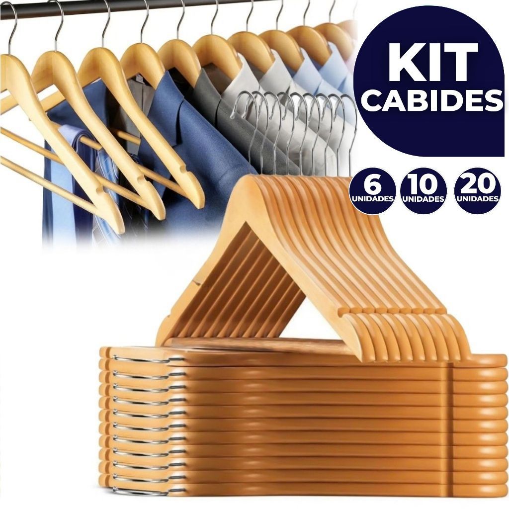 Kit Até 20 Cabides De Madeira Premium Marfim Para Roupas Calça Gancho Cromado