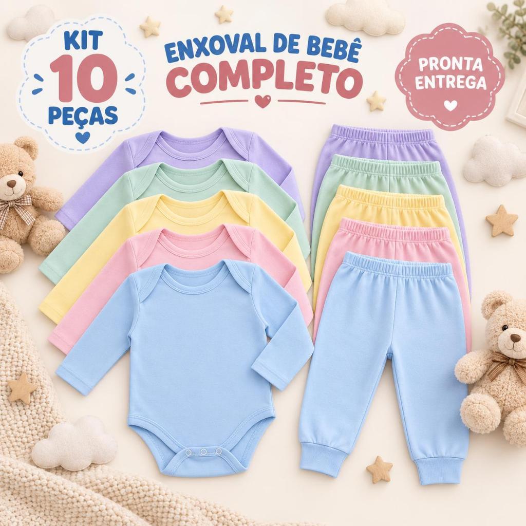 Kit Enxoval Bebê 10 Peças 5 Body Manga Longa   5 Calças Mijão | Lisas | 100% Algodão | Menina Menino Unissex infantil