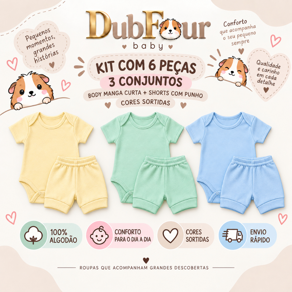 Kit 6 Peças Bebê Infantil 3 Conjuntos Body Manga Curta Shorts Liso tapa fralda Verão Menina Menino Unissex enxoval
