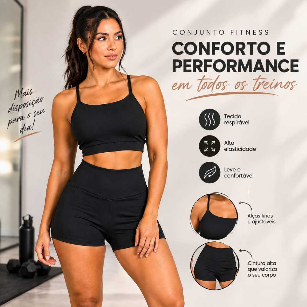 Conjunto Fitness Feminino Top e Short Cintura Alta Confortável Alta Elasticidade Academia Treino Corrida e Academia