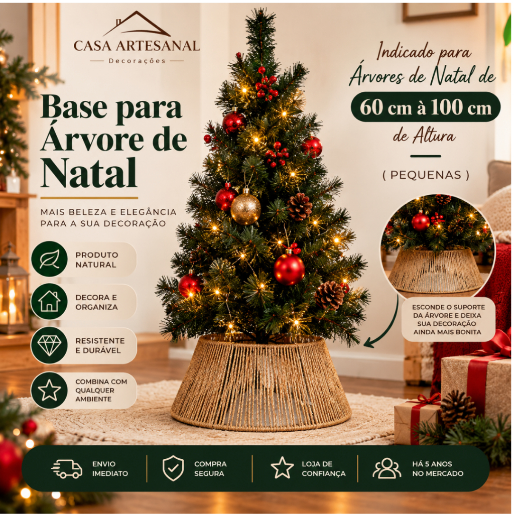 Cesto Base para Árvore de Natal Saia de Sisal 40x30x15 em Fibra Natural Decoração Natalina Rústica Elegante