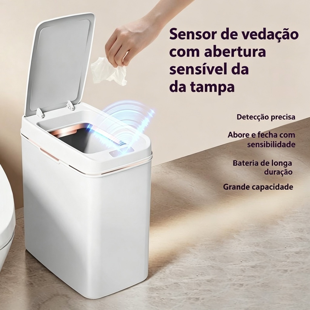 12L Lixeira Inteligente com Sensor Infravermelho Automática, Fechamento Suave, Vedação Contra Mau Cheiro para