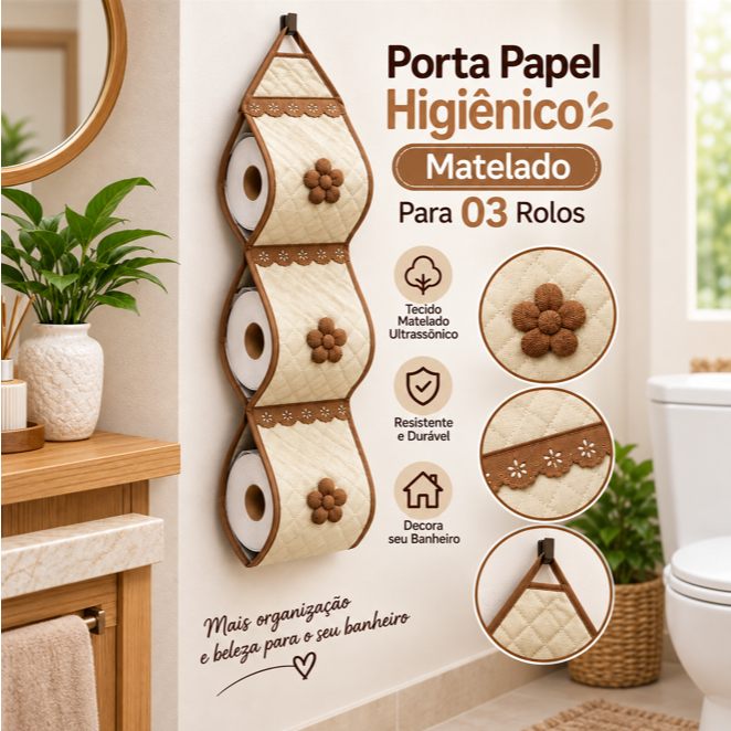 Porta Papel Higiênico Matelado com Lesie e Aplicação para 3 Rolos, Decorativo, Organizador Banheiro