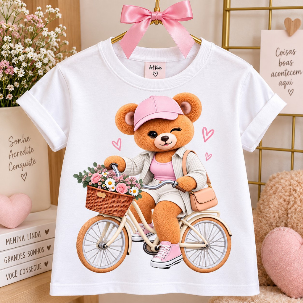 Camiseta Infantil Feminina Ursinha de Bicicleta 100% Algodão Menina Estilosa Manga Curta Estampada Rosa Delicada Menina