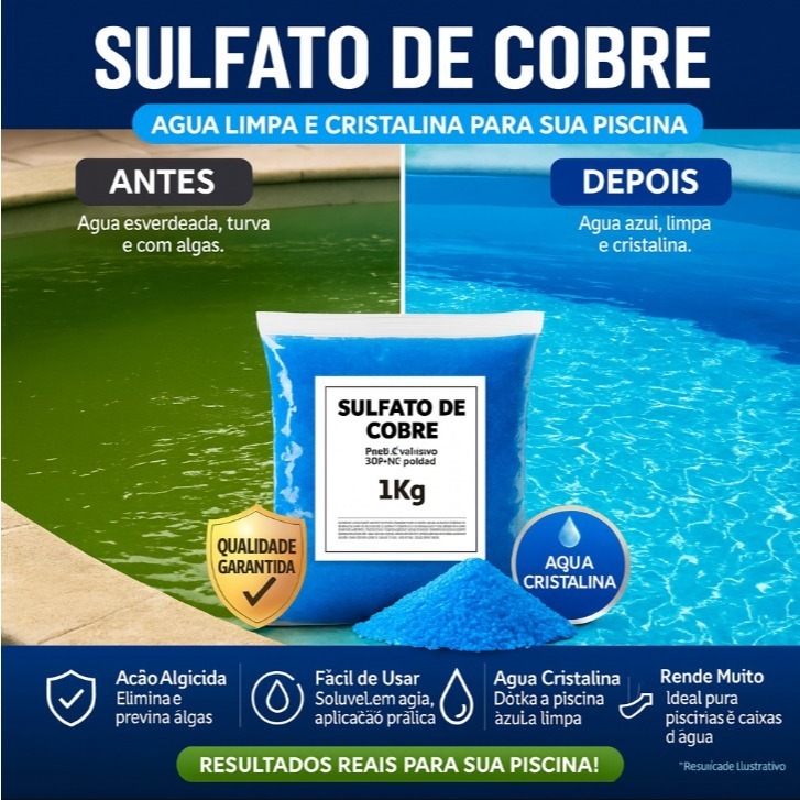 Sulfato de Cobre Penta-Hidratado 99% Puro - 500g/1kg/2kg Solúvel Aplicação - Piscina, Jardim , Horta e Água Potável