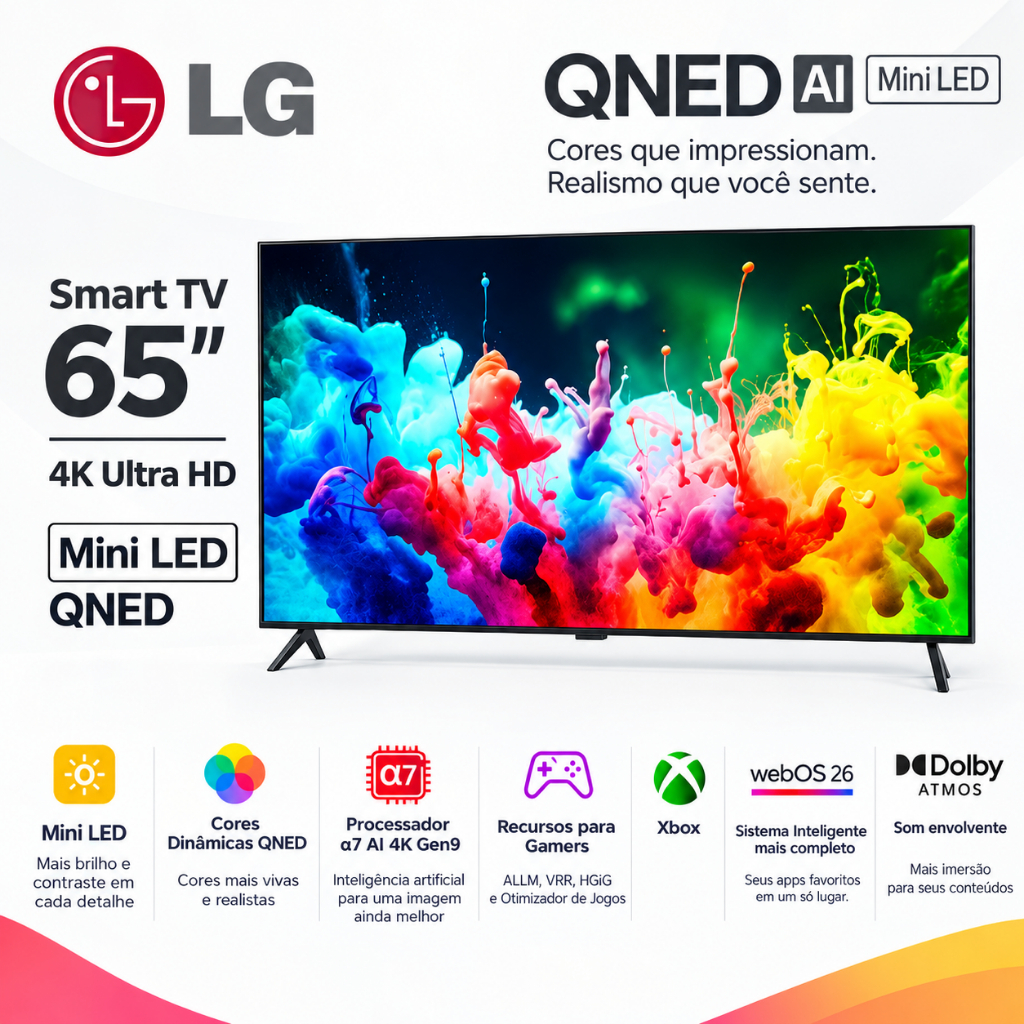 Smart TV LG 65 Polegadas 4K QNED Mini LED 65QNED70BSA WebOS 26 Inteligência Artificial