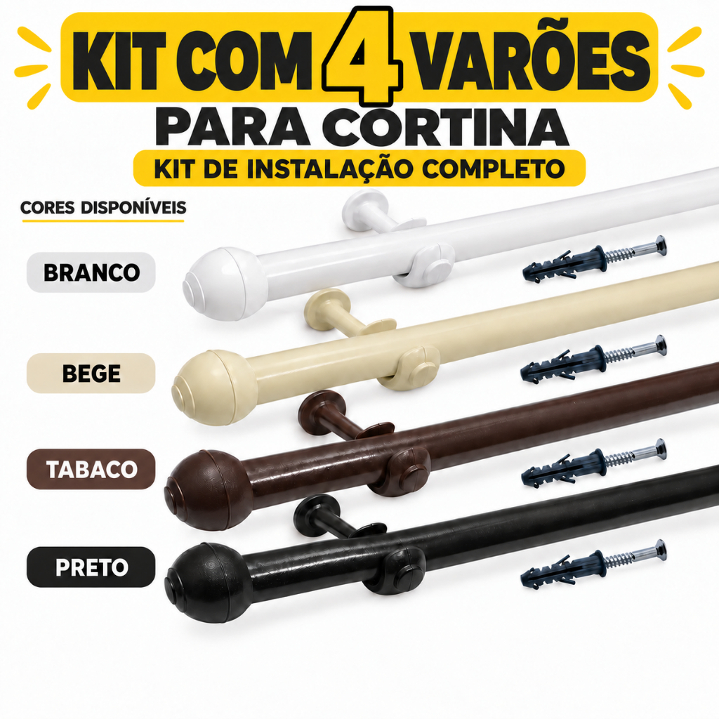 Kit varão de cortina 2,00 metros 19mm completo 2, 3 e 4 unidades instalação simples cortina colorido