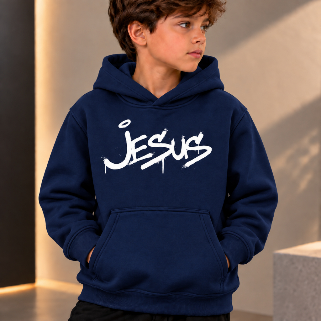 Casaco Masculino Infantil Canguru Infantil Estampado Jesus Com Capuz Algodão Criança Confortável — imagem 2 de 2