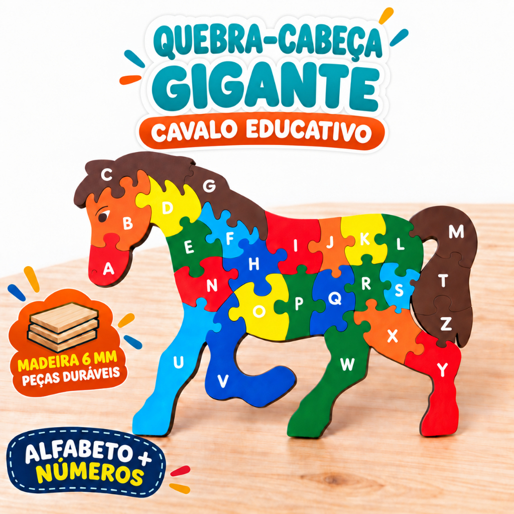 Quebra-Cabeça Gigante Cavalo Peças em MDF Alfabeto e Números Educativo Infantil 3+