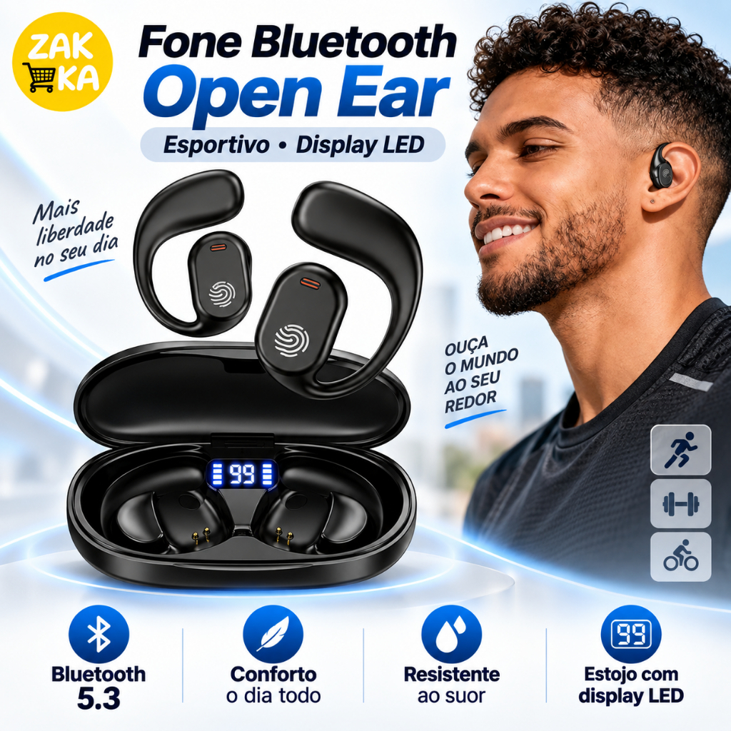 Fone Bluetooth Esportivo TWS 5.3 - À Prova de Suor, Bateria Longa Duração + Display de Carga