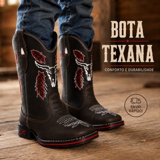 Bota Texana Infantil Country Menino Marrom com Bordado Vermelho Western Cowboy para Rodeio Festa Passeio e Eventos.