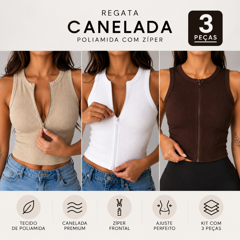 Kit 3 Regatas Feminina Poliamida Canelada com Zíper Confortavel Treino Fitness Academia Versatil